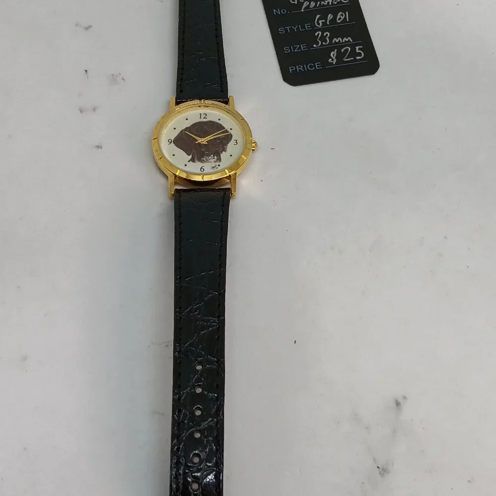 German Pointer 33mm Women's Gold Tone Black Leather Band Dog Watch